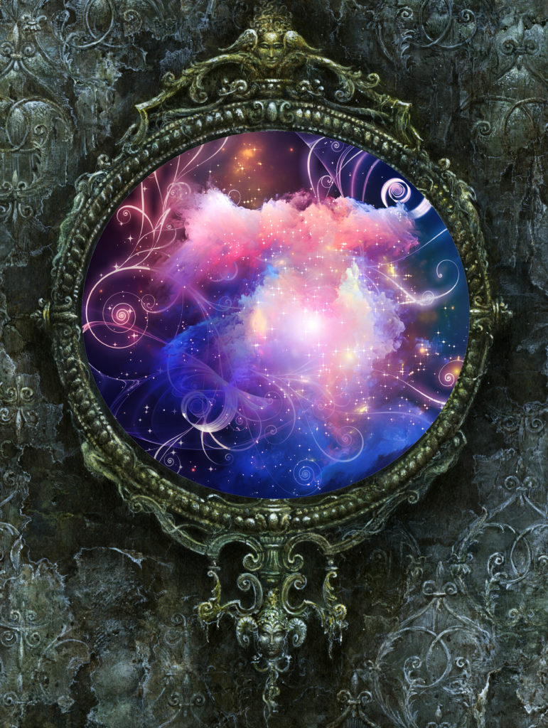 An ornate round frame surrounds the image of sparkling purple and pink clouds. The frame is resting upon a stony grey background.