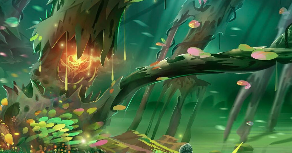 A painted artwork of creeper vines amidst a forest backdrop.