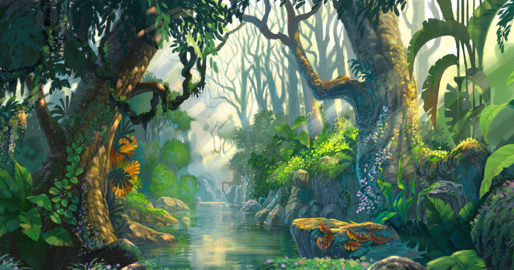 An artwork of a river through a lush jungle.