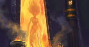 A woman steps out of a fiery portal