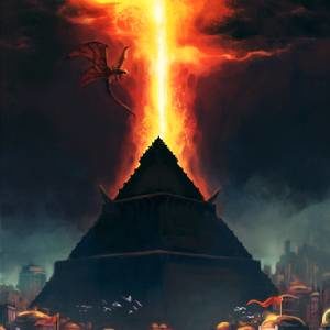 Against a dark sky, a pyramid stands tall, its peak aflame.