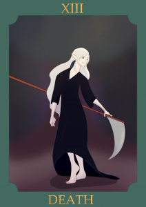 Death, by Esei. Stylised as a tarot card, this artwork is of the Goddess Viravain. It depicts Viravain, a female Divine with white hair and a black robe, wielding a scythe. It is framed by a green border that reads: XIII - Death.
