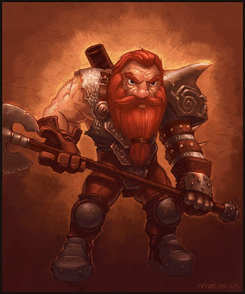 Official image of a Dwarf from Lusternia. The dwarf has a thick red beard and a battleaxe.