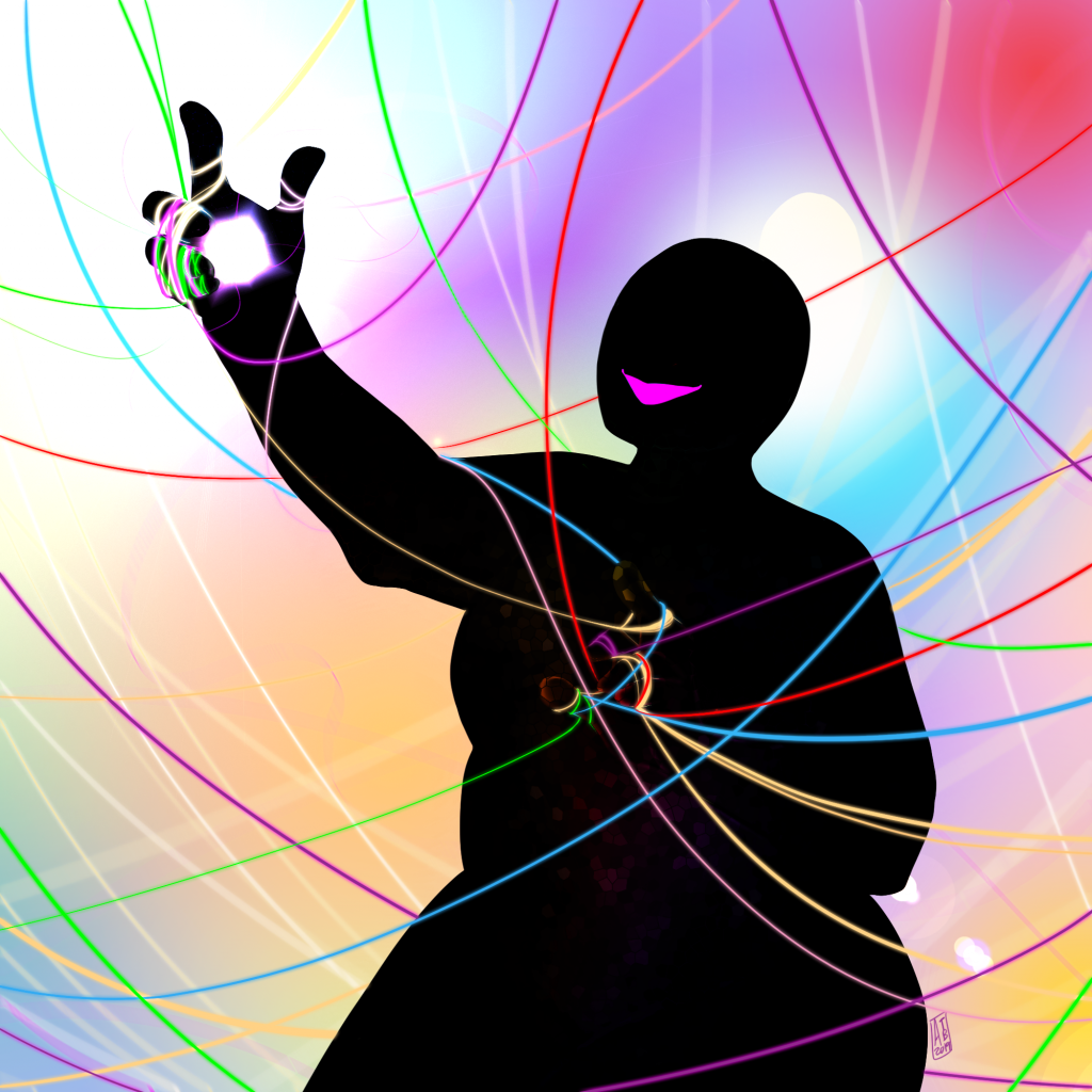 Aonia is depicted against a rainbow coloured background. She is just a silhouette, a fat female figure with a bright pink smile. Threads of every colour are woven around her, her fingers tangled as she manipulates them.