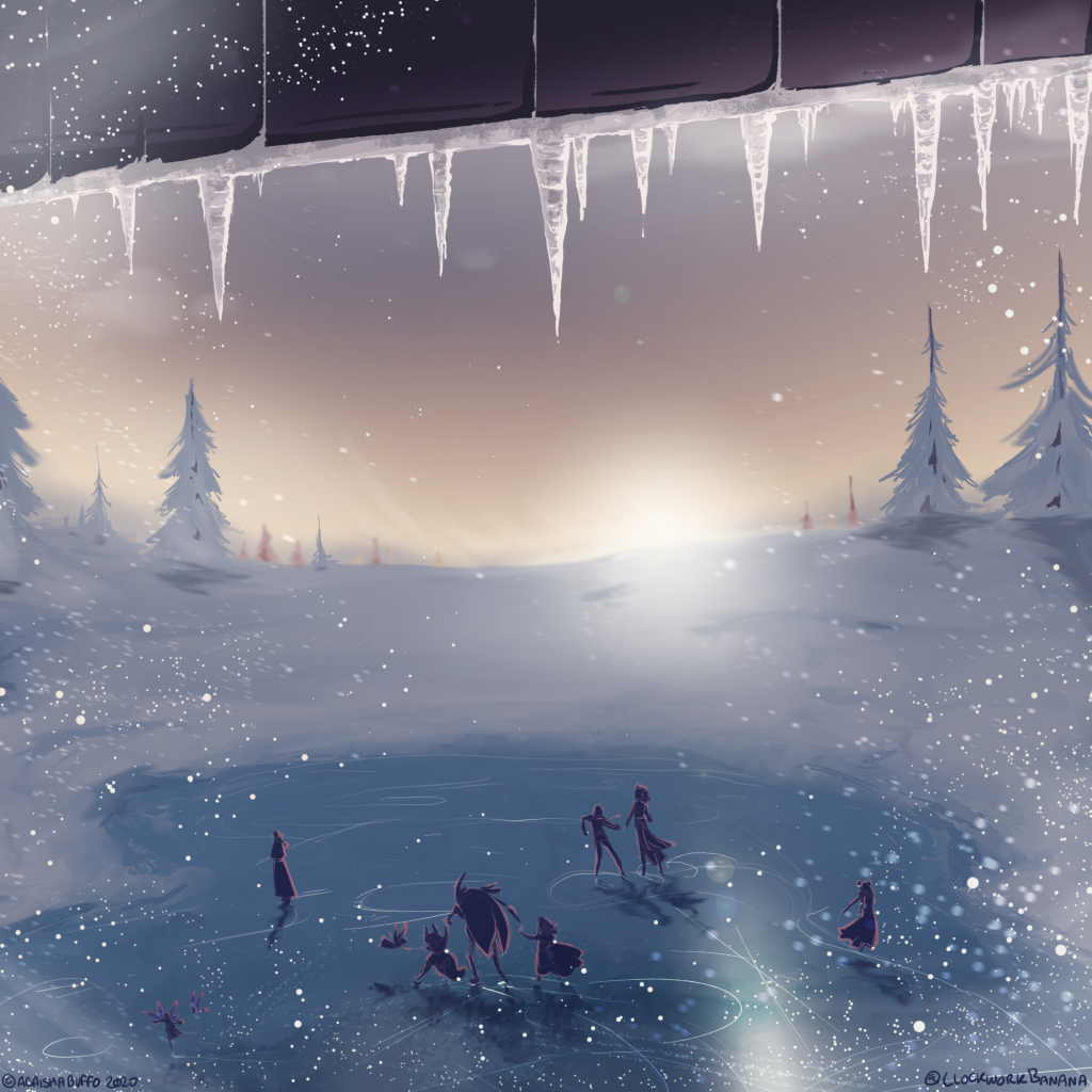 An Artisanal artwork of an icy pond amid the snowy drifts of Solstice Court, by Gurashi.