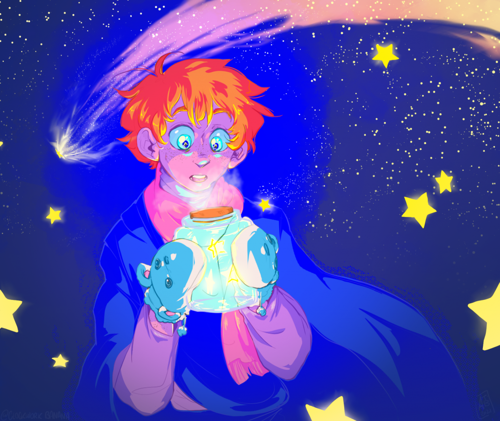 An Artisanal artwork of Gurashi holding a glowing jar upon a starry background, by Gurashi.