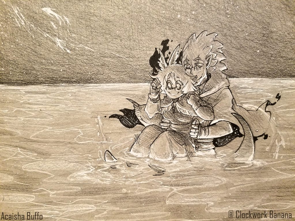 An Artisanal artwork of Tridemon and Cheliyi exploring the Nexus World of Celest, by Gurashi.
