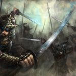 A battlefield with sword-wielding warriors