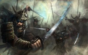 A battlefield with sword-wielding warriors