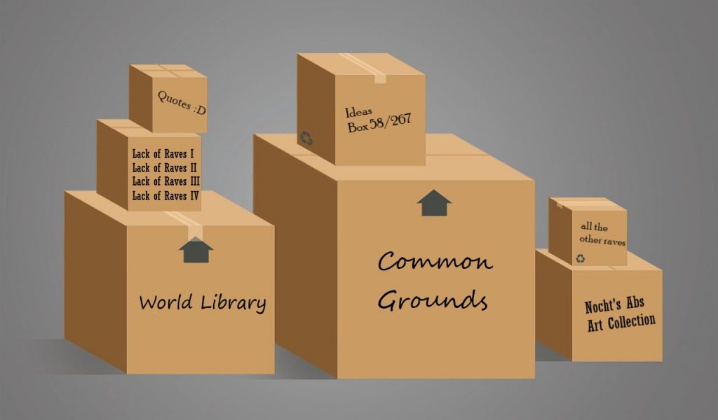 Several packed boxes with labels named after forum categories