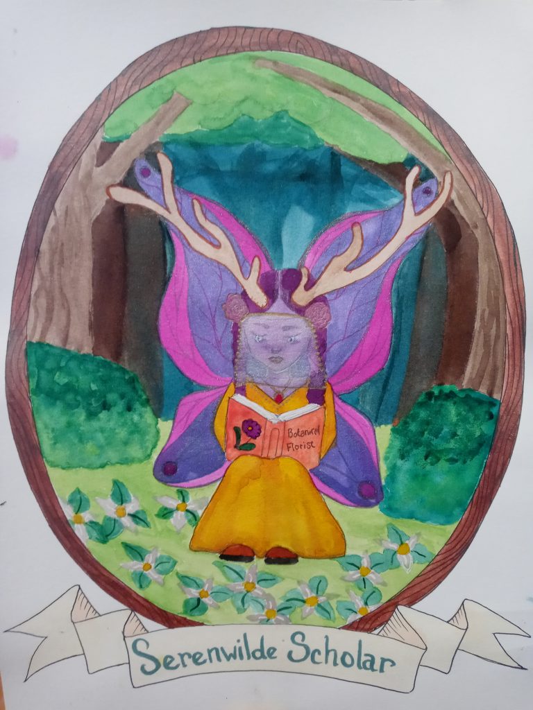 Artisanal submission "Serenwilde Scholar" by Lilalue depicting a faeling scholar, done in watercolours and with gel pens