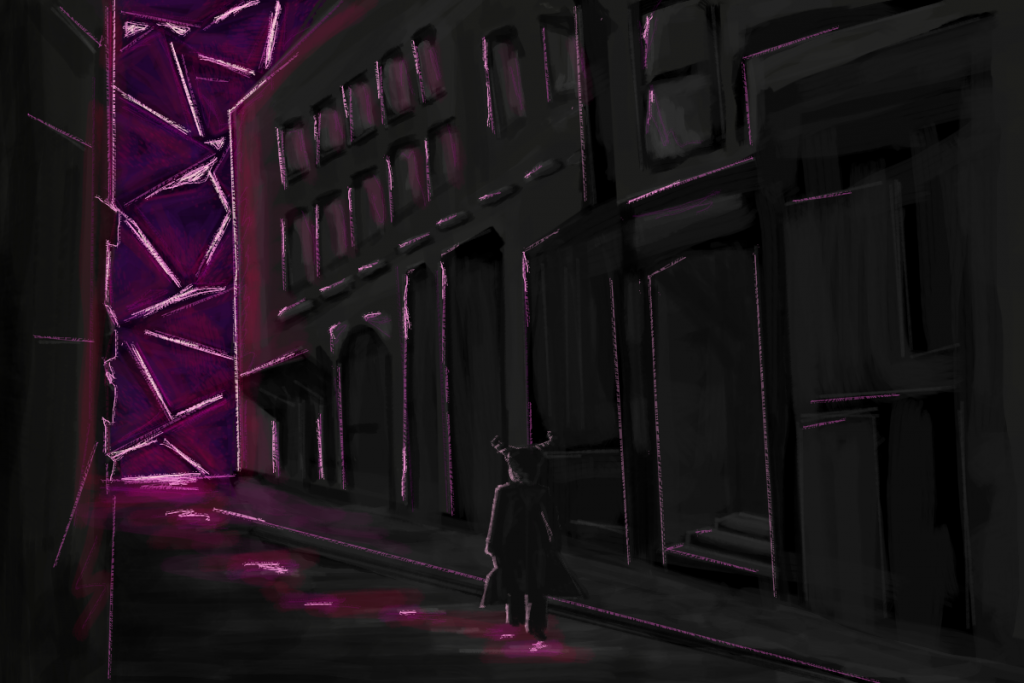 Artisanal submission "From the Megalith" by Alysi showing purple-lit streets near the Necropolis