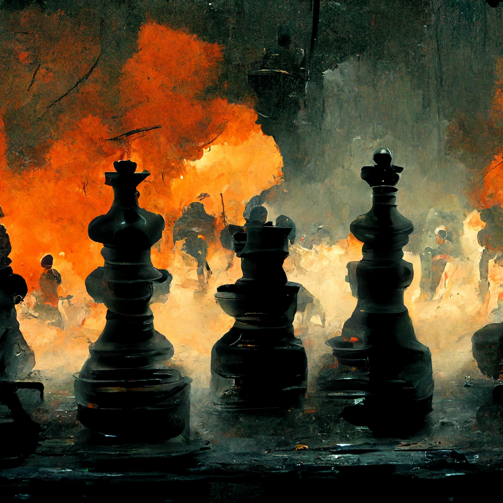 Black chess pieces against an orange cloud