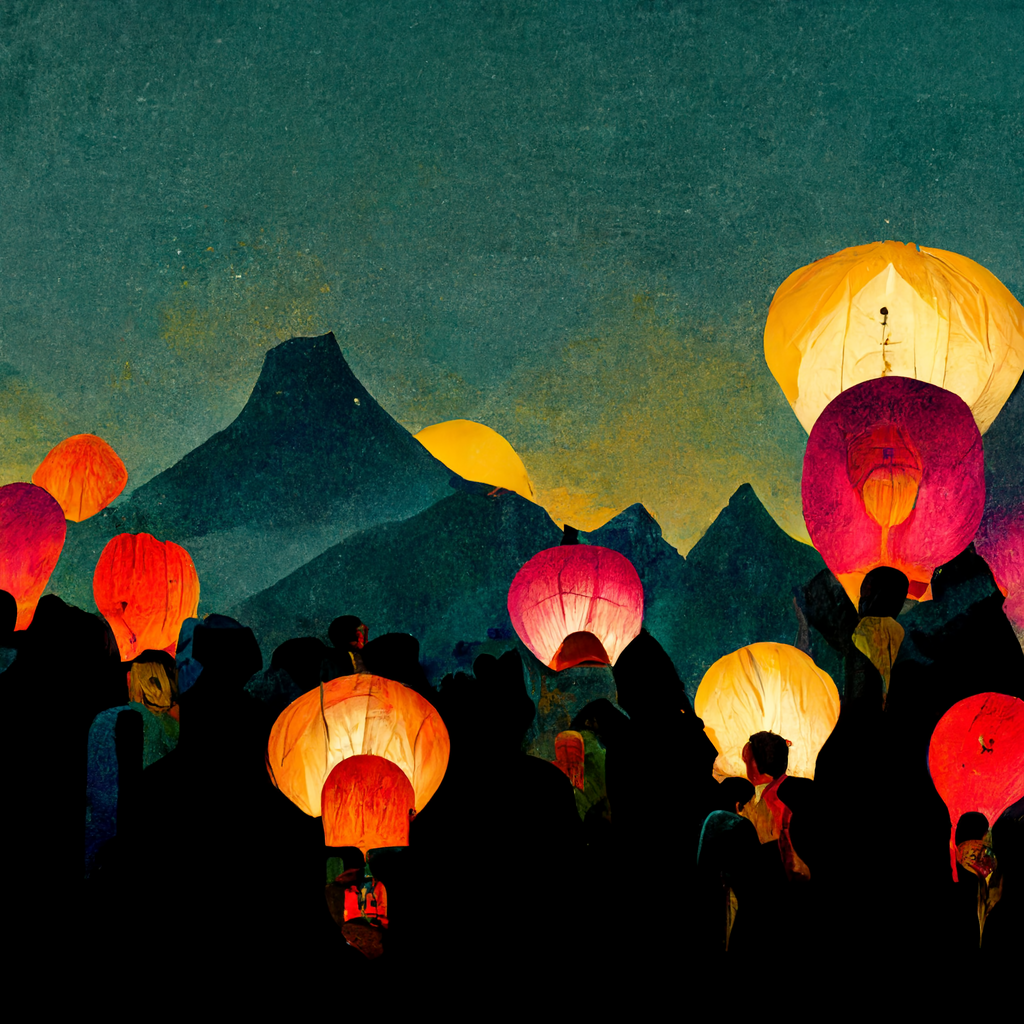 Sky lanterns rise over Avechna's Peak at dusk