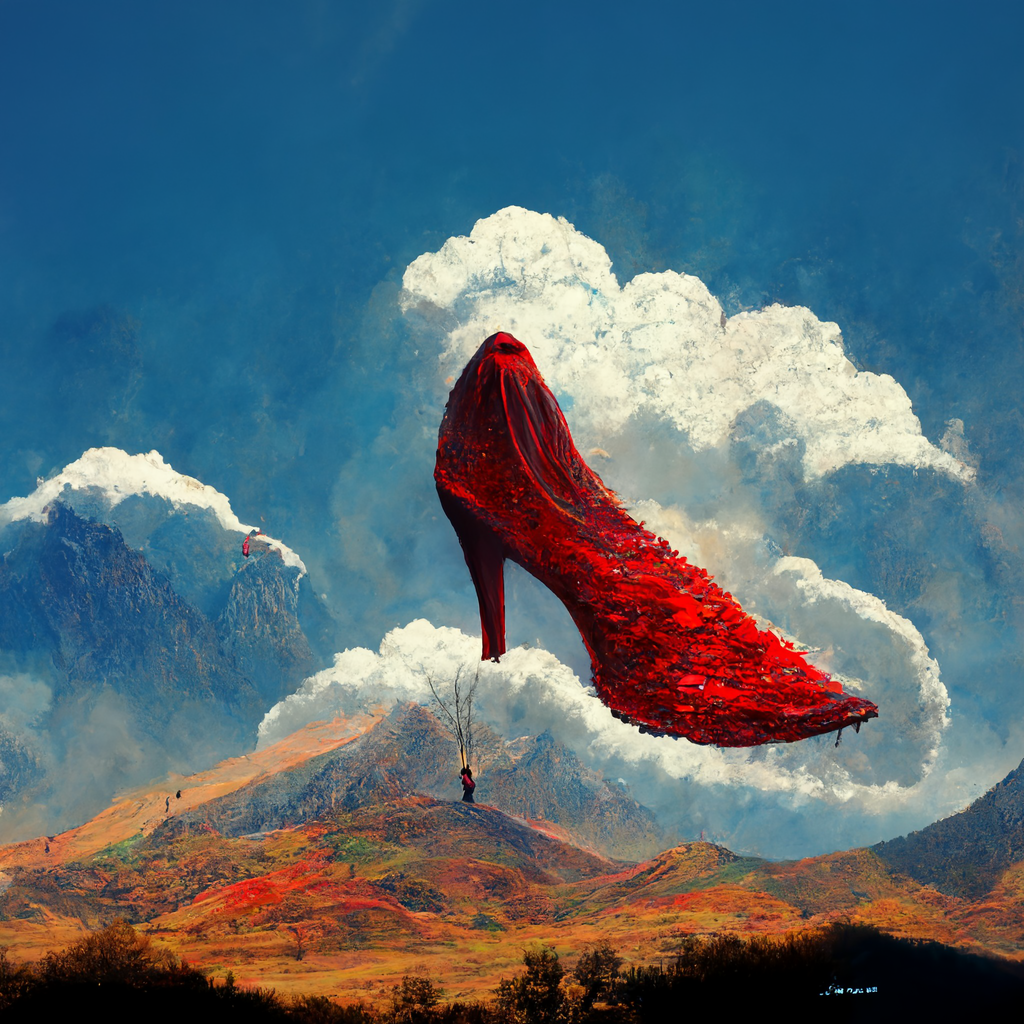 An enormous red slipper floats in the sky.