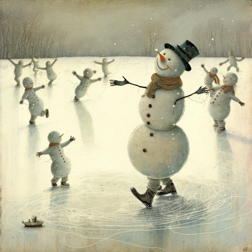Snowmen on skates on an icy pond