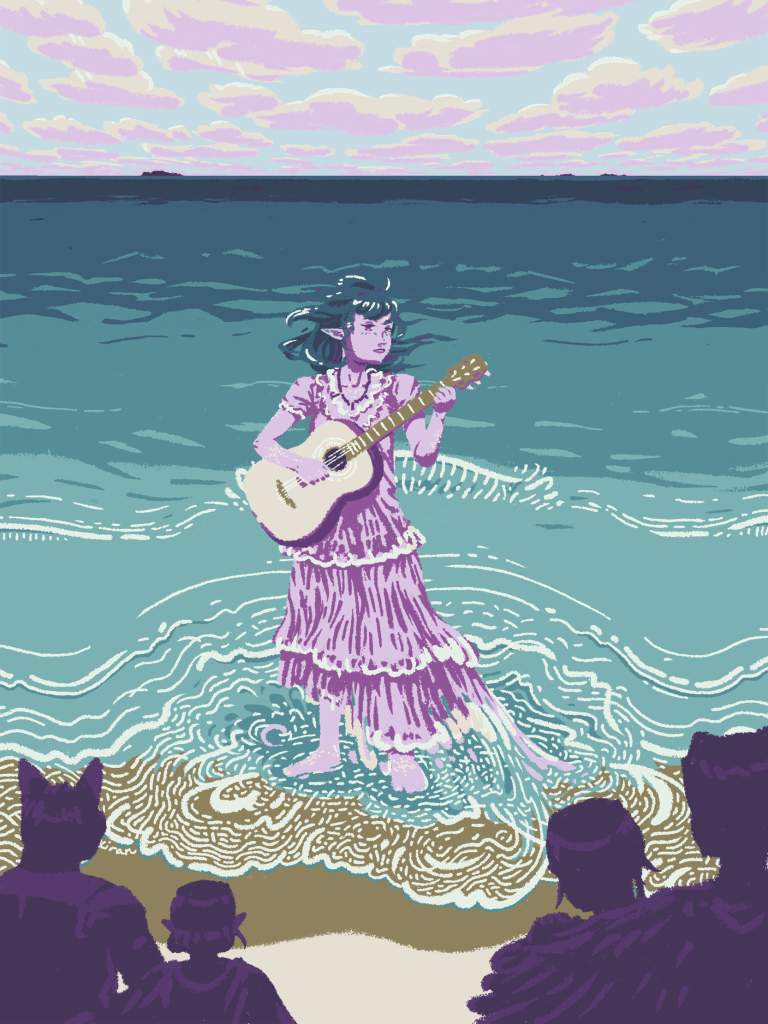 Artisanal by Xiran depicting the fae Petrichor singing at the Toronada Beach.