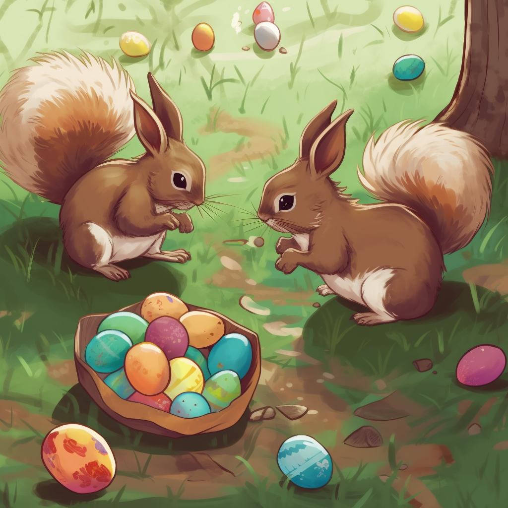 Squirrels sit under a tree, surrounded by colourful eggs and a few eggs in a basket.
