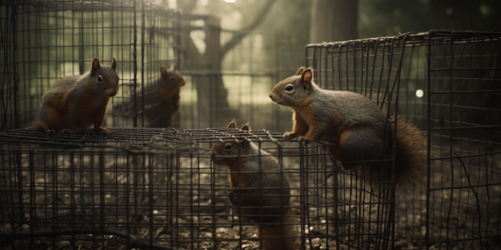 Squirrels sit upon cages in a forest, some are free.