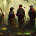 A trio of adventurers head off into the woods.