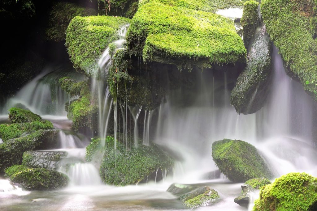 Mossy rocks over which flows a waterfall in multiple streams.