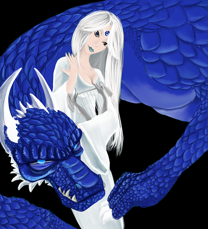 Asmodea Kamau, Lady of Bitter Frost and her ice dragon Xischa, by Lilian