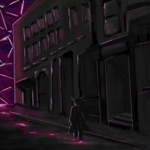 Artisanal submission "From the Megalith" by Alysi showing purple-lit streets near the Necropolis
