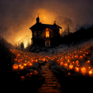 a haunted house atop a mountain surrounded by lit jack-o-lanterns