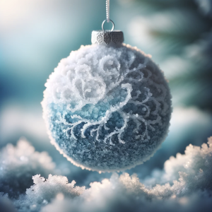 A frosty white and blue ornament hangs against an icy background.