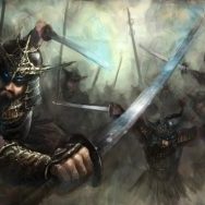 A battlefield with sword-wielding warriors