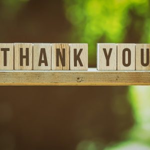 A wodden shelf against a green background, letters on the shelf spell out "Thank You"
