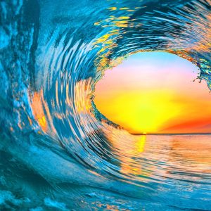A wave arcs over itself against a sunset